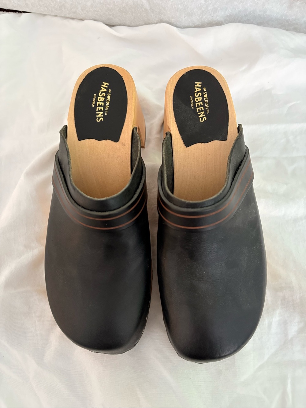 Swedish Hasbeens Black Leather Clogs with Brown Stripes
